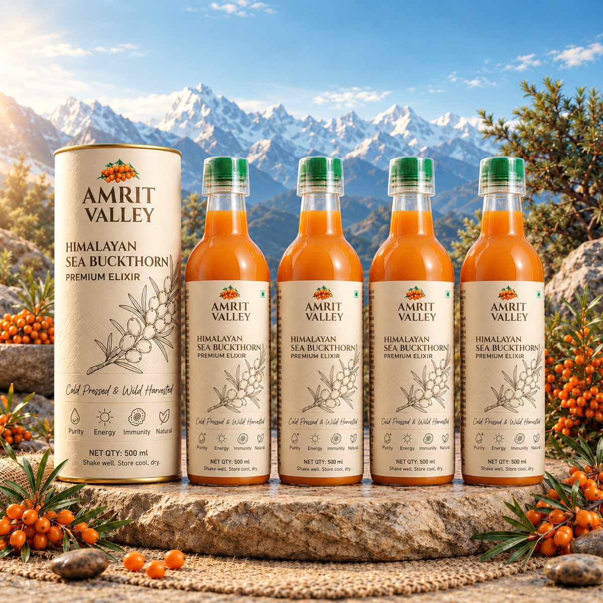 Amrit Valley Premium Sea Buckthorn Juice – 500ml (Pack of 4)